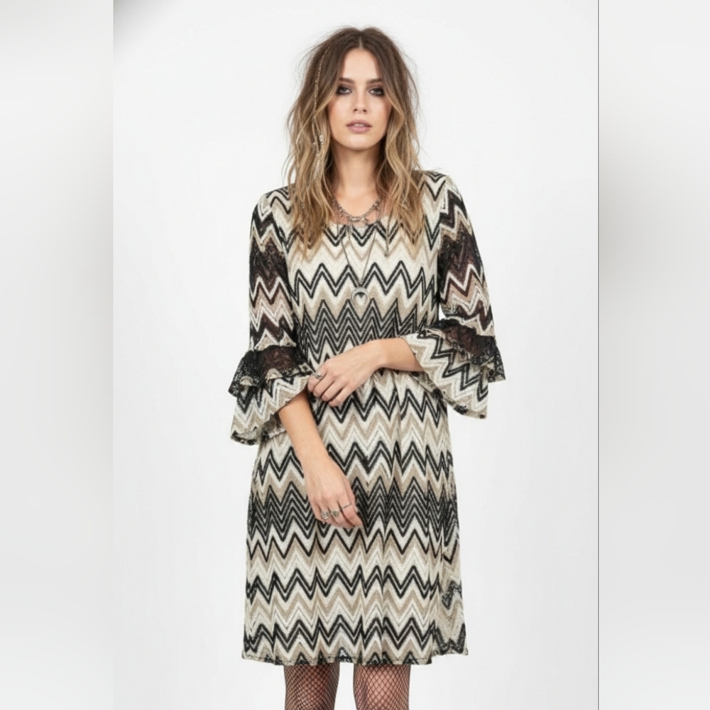 Tacera Dress Lace Crochet Brown Green Striped Shift 3X